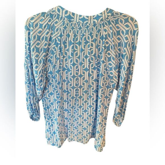 Escapada Sz M Blue & White Nautical Print Flowy Sleeve Summer Top - Picture 2 of 7